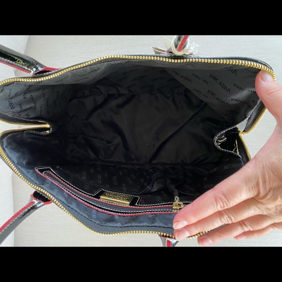 Arcadia Glossy Black and Textured Brown Satchel - Picture 11 of 12